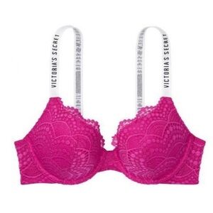 Victoria's Secret magenta hot pink Lace logo straps Bra t-shirt push-up 34C